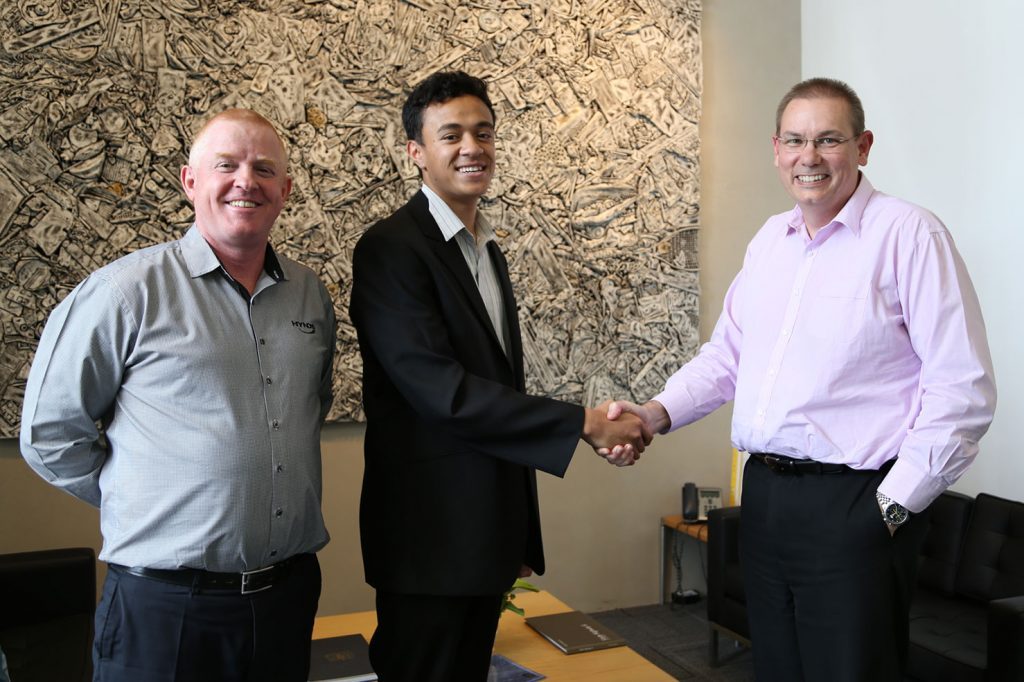 Hynds Foundation Scholarship Recipient with David Wheeley (CEO) and Patrick Crofskey (People and Culture)